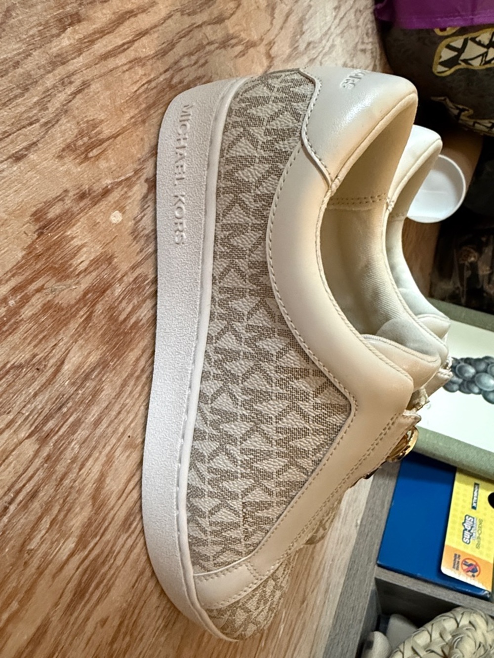 Michael Kors Beige and White Monogram Zip-Front Slip-On Sneakers - Picture 2 of 9